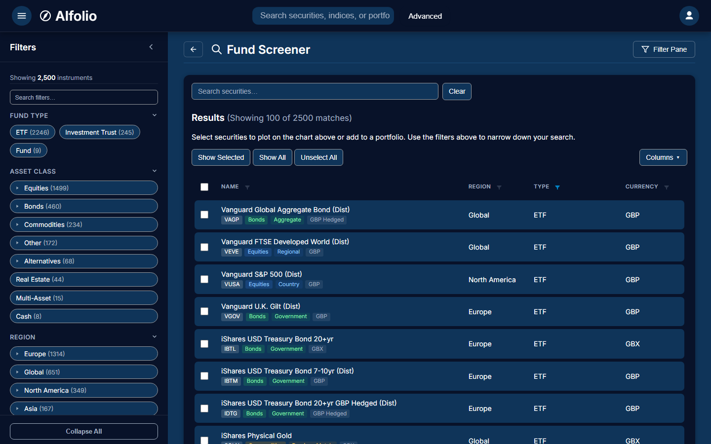 Fund screener showing the filter sidebar with asset class, region, and TER chips applied, alongside a results table of Vanguard, iShares, and other ETFs matching the criteria — 1,495 matches narrowed by filters.